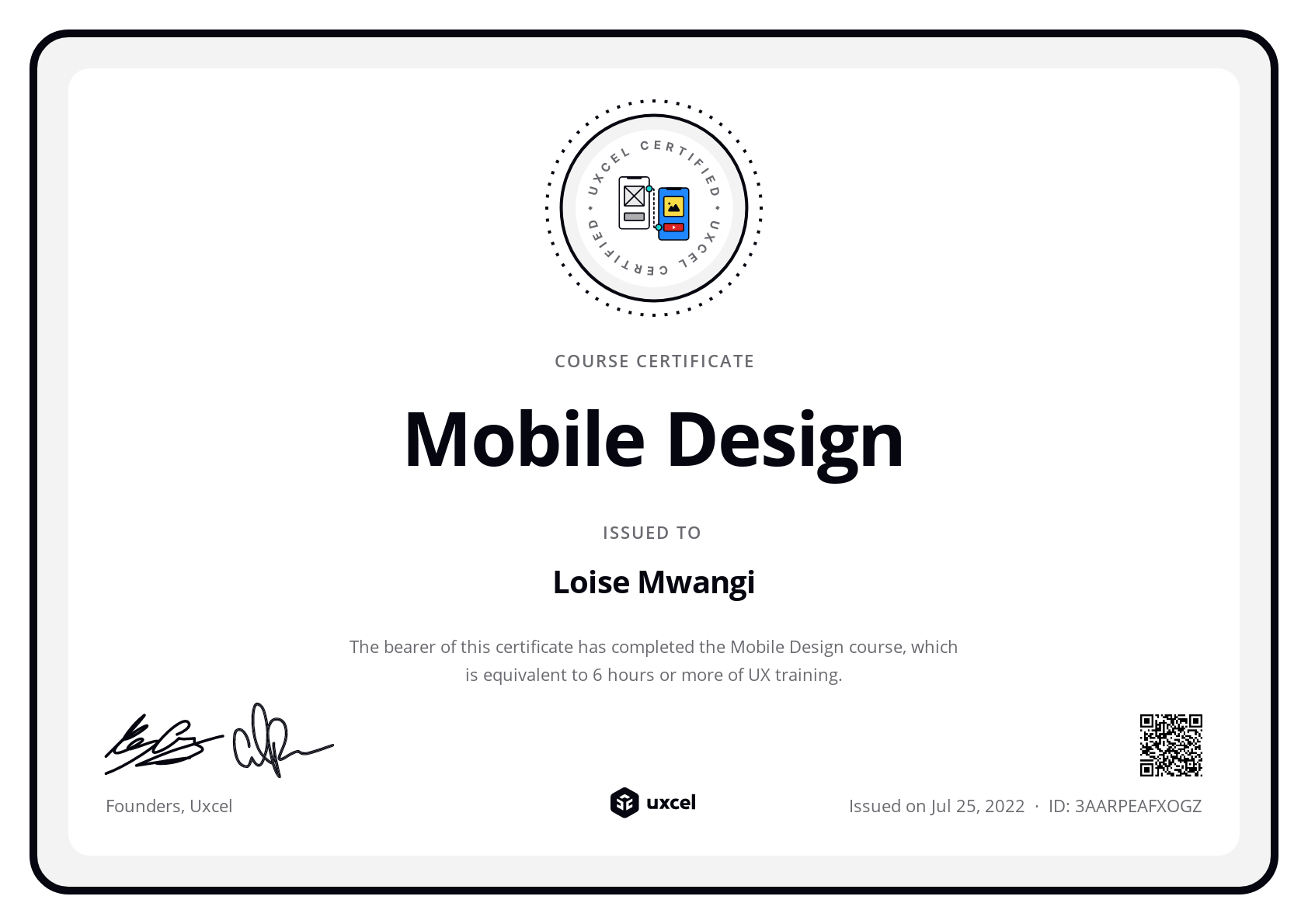 Loise Mwangi's certificate